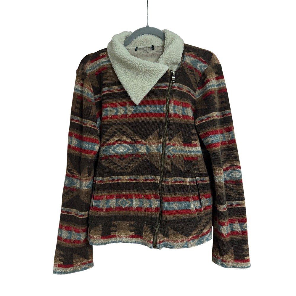 Lauren Ralph Lauren Southwestern Sherpa Collar Moto Jacket Zip Up Medium - Picture 2 of 9